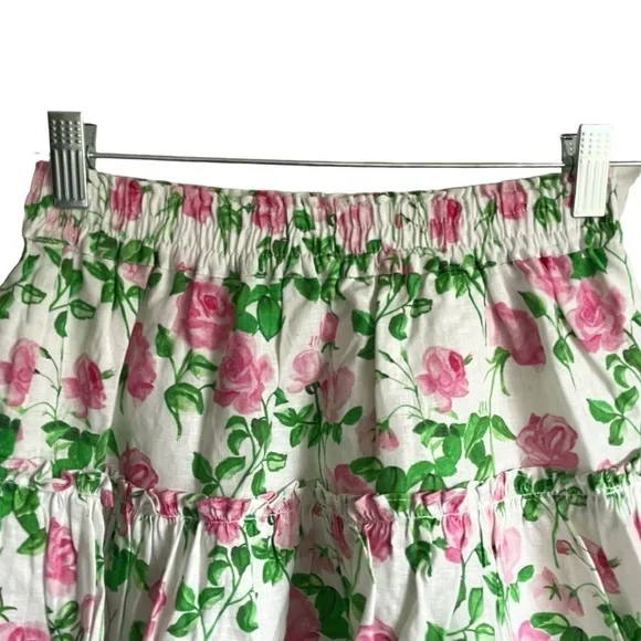 Hill House Paz Skirt Linen Lined Ruffles Pink Roses Romantic Cottagecore NWT